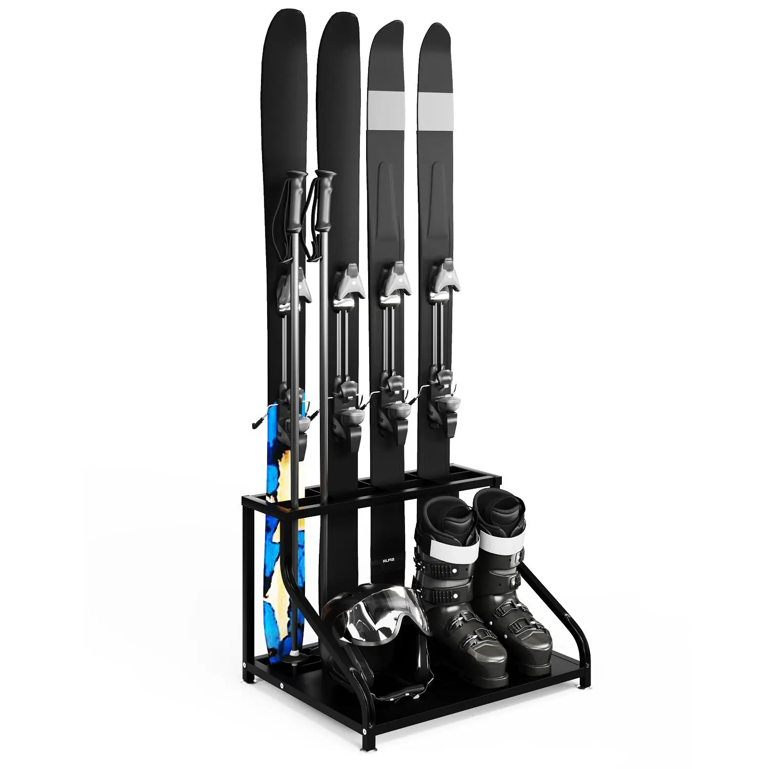 Freestanding Ski & Snowboard Rack, Holds 4 Pairs + Gear, Heavy Duty Steel, No Drilling, Boot/Helmet/Pole Storage, Compact or Large, for Garage/Basement