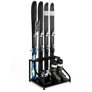 Freestanding Ski & Snowboard Rack, Holds 4 Pairs + Gear, Heavy Duty Steel, No Drilling, Boot/Helmet/Pole Storage, Compact or Large, for Garage/Basement