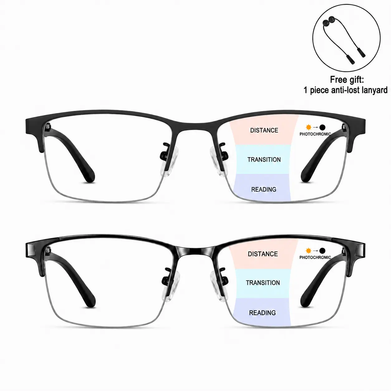 Photochromic Progressive Multifocal Reading Glasses for Men Women, Lightweight Transition Readers for Near Mid Far Vision, Anti-Lost Lanyard Included