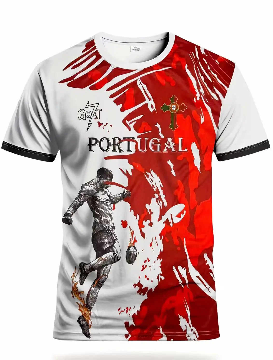 Male Portugal Football Novelty Print Sports T-Shirt - Breathable Round Neck, Lightweight Design, Sweat-Wicking Fabric, Casual Fit, All-Season Men's Sports Top, Sports Apparel, Football Fashion