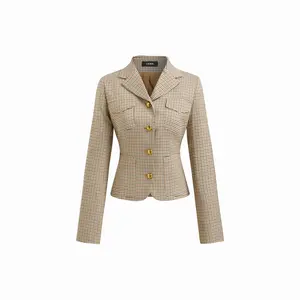 Cider Women's Plaid Blazer for Womenswear Suits, Notched Collar, Long Sleeve, Metal Buttons, Cinched Waist