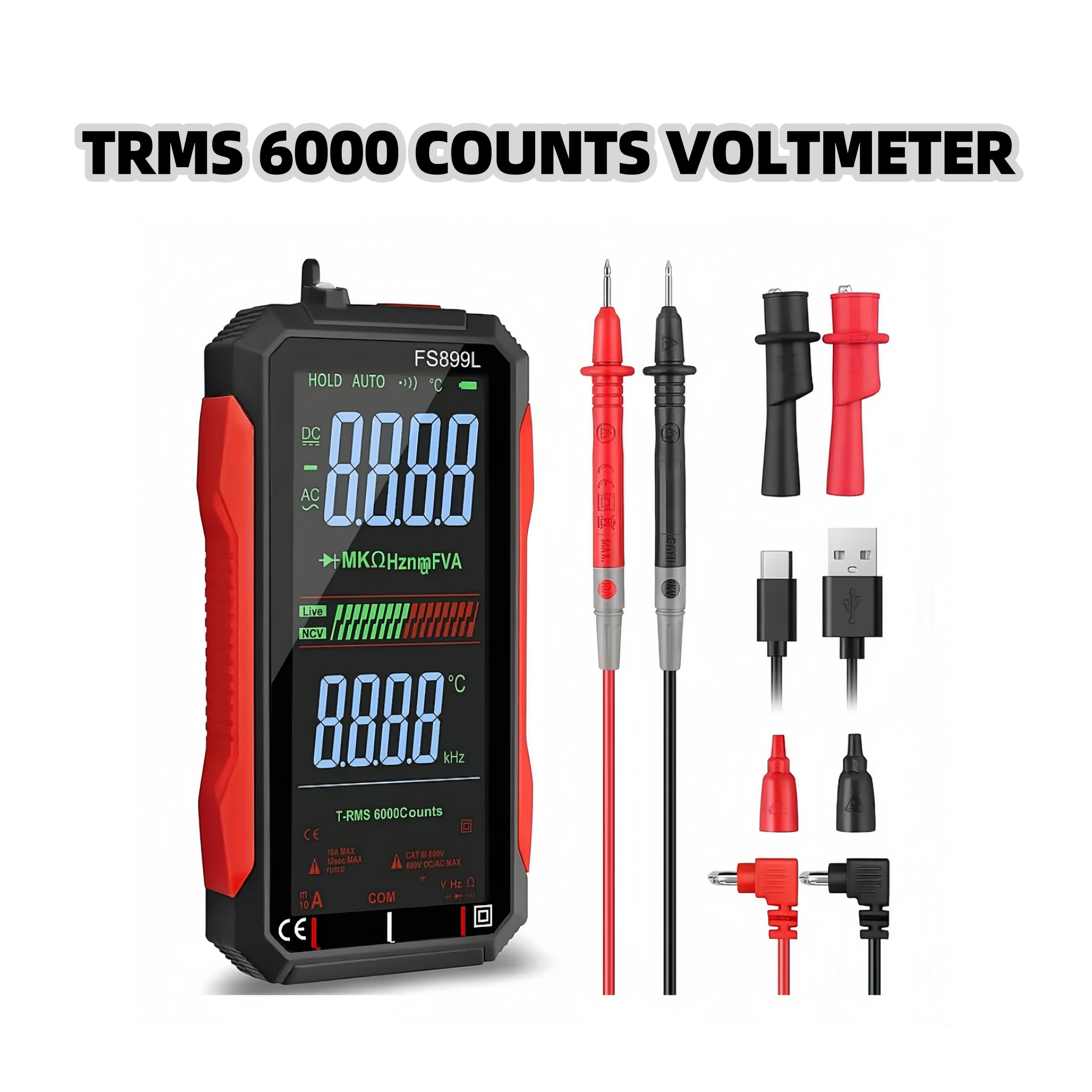 ADESKE TRMS 6000 Count Multimeter - Large Backlit Color Display, Built-in NCV Non-Contact Voltage Detection - Professional Portable Repair Tool for Electricians, Home Use & DIY Projects