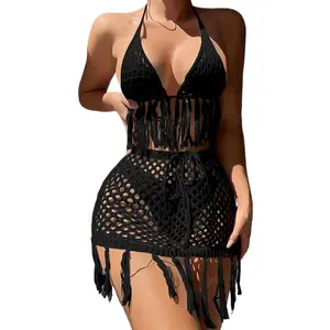 Two-piece Crochet Women Sexy Bikini Cover Up Set Binding Summer Holiday Knitting Beach Wear summer beachwear