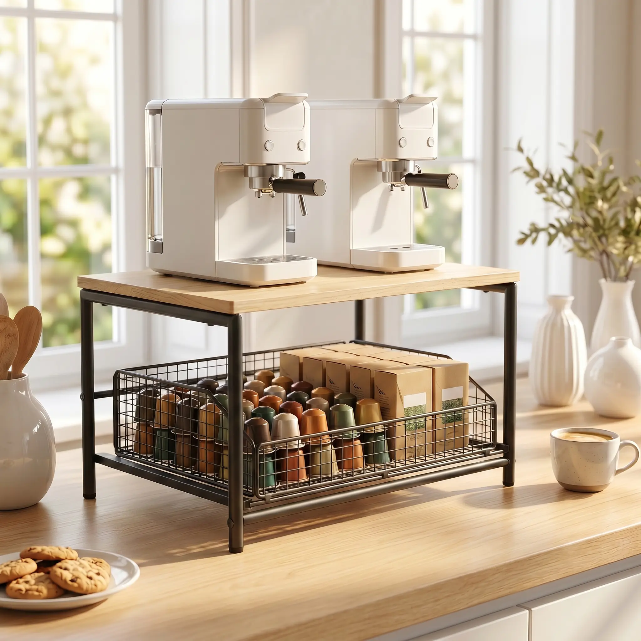 Multifunctional countertop organizer with pull-out drawers, wooden countertop, and metal storage baskets; printer stand; coffee bar organizer; kitchen and bedroom countertop storage rack; suitable for homes, offices, and bedrooms