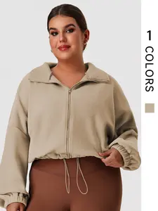 Women's Casual Training Outdoor Plus Size Fitness Jacket, Zipper Fleece Full-Open Yoga Coat, Drawstring Waist Loose Running Sports Jacket
