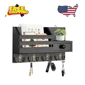 Wooden Adhesive Mail and Key Organizer with Drawer, Small Shelf, 8 Hooks, 2 Installation Methods, Black