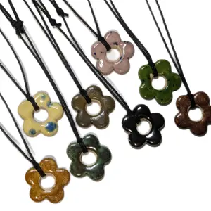 Handmade Ceramic Flower Pendant Y2K Style Boho Hippie Whimsical Choker Adjustable Black Corded Necklace clay charms jewelry