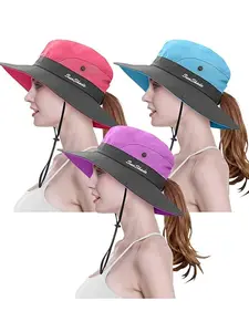 3 Pack Womens Ponytail Sun Hat UV Protection Bucket Hats Foldable Wide Brim Summer Boonie Beach Cap Fishing Hiking…