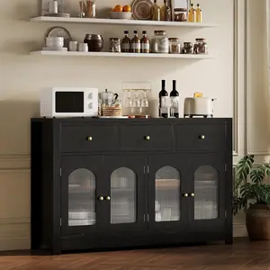 55" Buffet Cabinet with Storage, Modern Sideboard with Arched Acrylic Fluted Doors & 3 Drawers, Coffee Bar Cabinet with Adjustable Shelves for Dining Room, Living Room, Kitchen