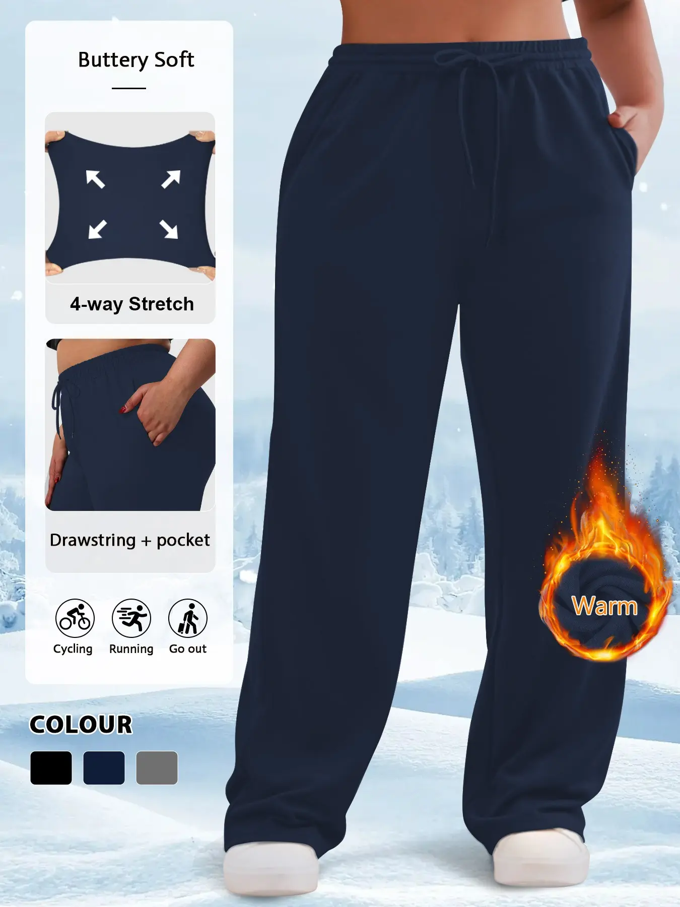 Plus Size Women's Basic High Stretch High Waist Fleece Wide Leg Loose Fit Pants with Drawstring Pockets, Warm Comfortable Fall Winter, Casual Daily Wear Bottom, Casual Bottoms