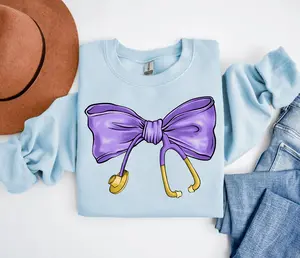 Nurse Coquette Purple & Gold Nursebow Sweatshirt, Retro Nurse Shirts, RN, Unisex Stethoscope Crewneck Sweatshirt, Nursing School, Nurses Week Appreciation