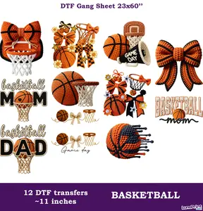 Basketball DTF Gang Sheet: 12 Ready To Press Transfers - 23x60, ~11 inches, Full-Color Printing, Same/Next Day Shipping Faux Yarn Gansheet