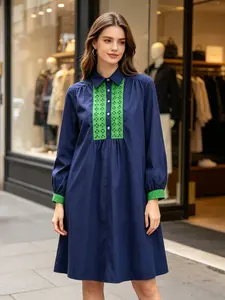 Women's Colorblock Loose Shirt Dress, Casual Three Quarter Sleeve, Thin Patchwork Embroidery Skirt, Comfortable and Stylish