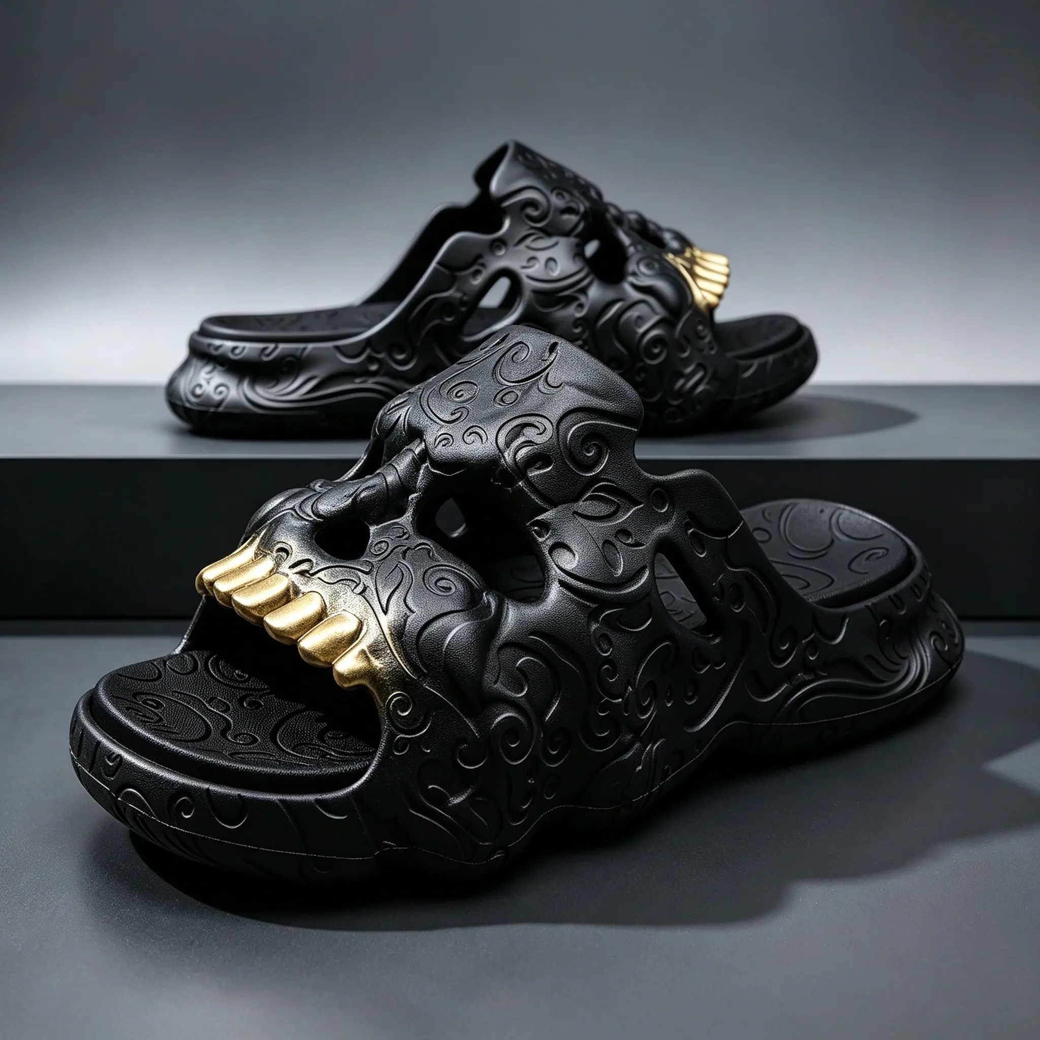 Unisex 3D Skull Face Slippers, Gothic Platform Slides with Golden Teeth, Soft EVA Non-Slip Halloween Sandals for Indoor/Outdoor Use Boy Walking Shoes Walking Shoes Flatform Flipflop Fashion Tsinelas Women Footwear, Shower Slippers, House Slides