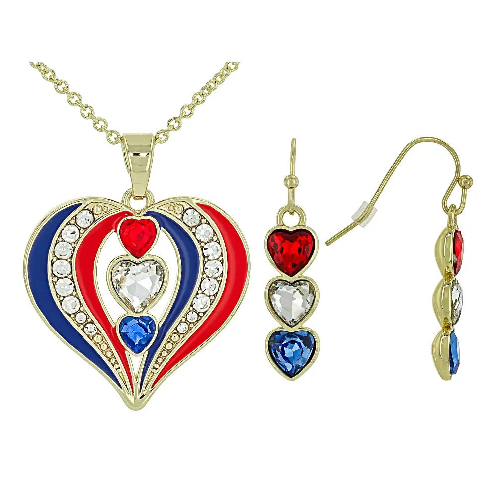 Female Adults' 2-Piece Patriotic Set - JTV Round Red White Blue Non-Natural Crystal, Enamel Gold-Tone Necklace & Heart-Shaped Earrings, Set Necklace Ears, Patriotic Wear, Crystal Accents, Lobster Claw Clasp, Necklace & Earrings Set