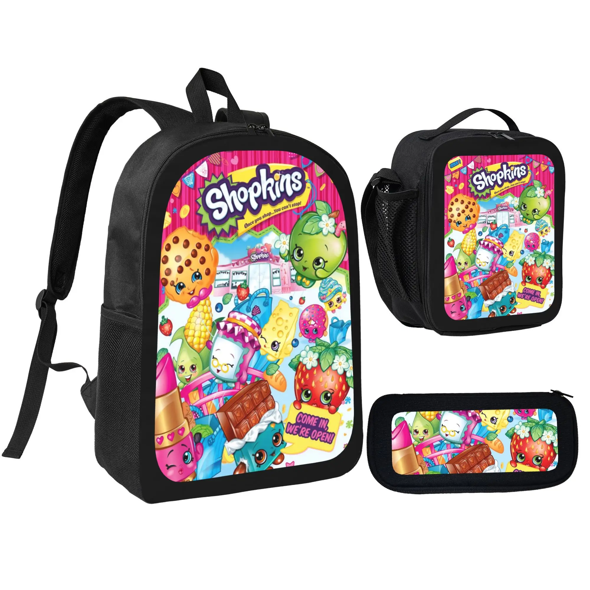 Shopkins Cartoon Backpack 3-Piece Backpack- Includes School Bag, Pencil Case, Insulated Lunch Bag - Polyester Lightweight for Daily Use, Zoo, Park & Holiday