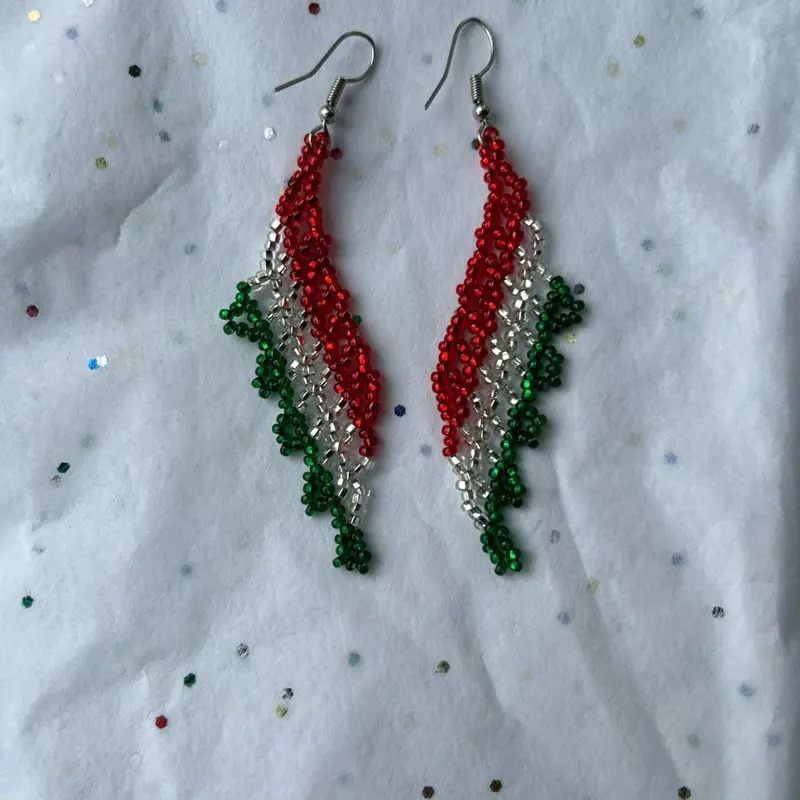 Mexican Earing - Red, Green, and Silver Beaded Earrings