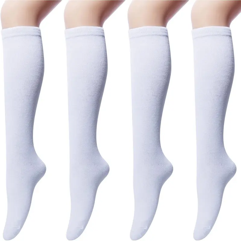 4 Pairs Fashion Knee High Socks for Women,Cotton White Long Tube Sock Set,Stockings for Boot Outdoor Sport Home Yoga,Halloween Christmas Party Gifts