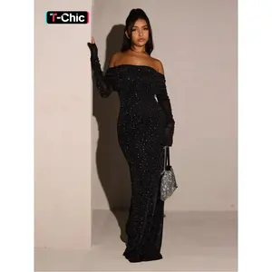 Women’s off-shoulder mermaid dress with contrast sequins and ruching; elegant, classy long-sleeve slim formal maxi dress for parties and evening formal occasions; women’s clothing suitable for all seasons