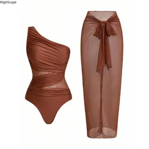 Women’s Solid Color Ruched Mesh One-Piece Swimsuit – Bathing Suit with Sarong Skirt, Perfect for Summer Beach Vacation, Summervibes