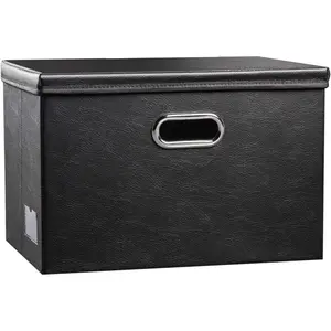Large Collapsible Storage Bin with Lid [1-Pack] Leather Fabric Foldable Storage Box Organizer Containes Basket Cube with Cover for Home Bedroom Closet Office Nursery Black (17.7x11.8x11.8)