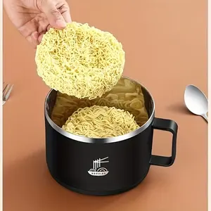 A stainless steel instant food bowl with double anti-scalding shell and lid, ideal for outdoor picnic portable bowls, and comes with handles, ramen bowls, noodle bowls, kitchen bowls.