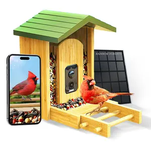 Rainbow Forest Upgraded Smart Bird Feeder Camera Solar Powered, Auto Capture Birds & Notify in Time, Powerful AI Recognition, Bamboo Wood Bird Feeder Camera, Ideal Present Gift Solar Wi-Fi Smart Bird Feeder