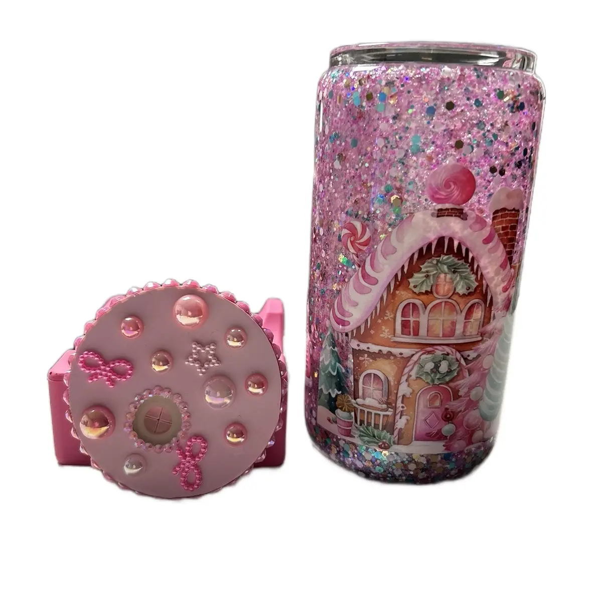 Pink Christmas 16 oz Snow Globe Glass Cup - Festive Holiday Design