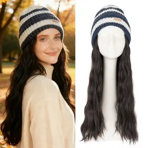 Knit Hat With Hair Extensions Beanie Warm Hat Wig Long Curly Wavy Body Wave Synthetic Knitted Hair Wig For Women Versatile Design Natural Appearance