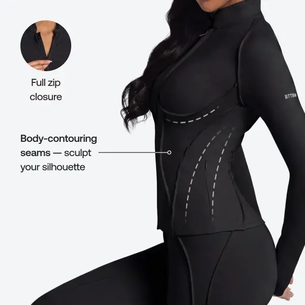 BetterMe Contour Zip-Up Long Sleeve Compression Top in Black | Athletic Sports Clothing, Compression Sports Tee & Activewear – Snatched Thumbhole Athleisure Street Fit for Women, Hourglass, Sporty Chic, 23% Spandex, S