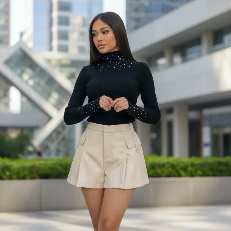 OUTFIT: Suéter Negro con Detalles Brillantes + Falda Beige Estilo Cargo