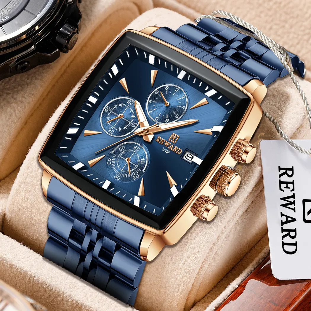 REWARD Men's Luxury Square Face 44mm Quartz Wristwatch, Blue Rectangle Case, Luminescent Hands, Steel Strap, Ideal for Business Wear & Valentine's Day Gifting, Clasp, Date, Alloy, Analog-Digital, Chronograph, Stainless Steel, Male Watch, Hardlex Glass