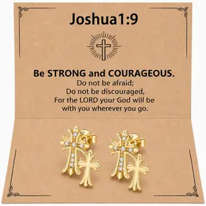 Double Cross Stud Earrings , Christian Cross Earrings with Cubic Zirconia, Faith Jewelry Gift with Bible Verse Card, Religious Earrings for Her/Him, Church Gift, Baptism, Confirmation, Easter, Christmas Jewelry