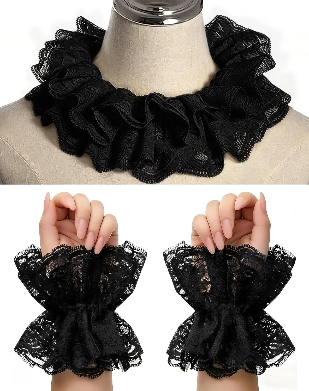 Detachable Ruffle Collar and Cuffs Set, Black or White Clown Costume Fashion Accessory Halloween Decorations Halloween Decorations