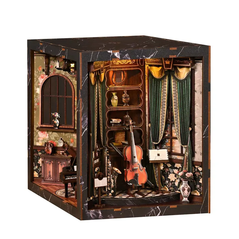 European Vintage Music Box Scene DIY Book Nook Kit, 3D Wooden Puzzle with LED Warm Light & Acrylic Dust Cover, Miniature Dollhouse Shelf Decor, Pretend Playhouse, Creative Gift for Adults Beginner-friendly Tiny house