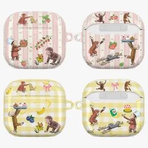 Cute Curious George AirPods Case | Coquette Strawberry & Banana AirPods Cover for AirPods 4 Airpods 3 AirPods 1st Gen 2nd Gen Airpods Pro 2 AirPods Pro Gen 3 | Gingham Bow Girly Aesthetic Gift for Her Women Girls