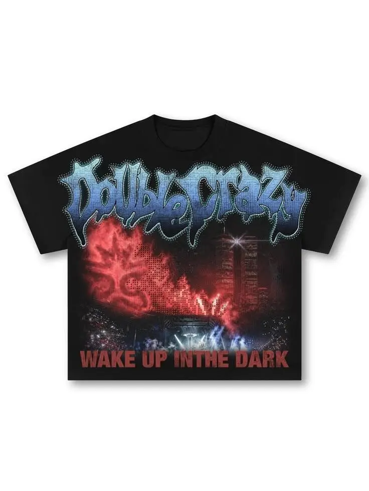 Y2K Gothic Grunge Double Crazy Graphic Tee Heavyweight 100% Cotton Oversized Streetwear T-Shirt Wake Up in the Dark Distressed Retro Punk Harajuku T-shirt Gift for Men Women
