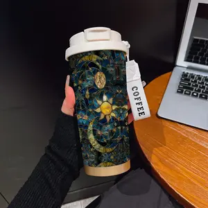 Abstract Moon Sun Coffee Cup, Portable Insulated Tumbler, Heat/cool Keeper, Boho Style, Ideal for Office, Travel, Sports, Golf