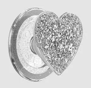 PopSockets Round Phone Grip Compatible with MagSafe , Confetti Heart Silver Sizzle
