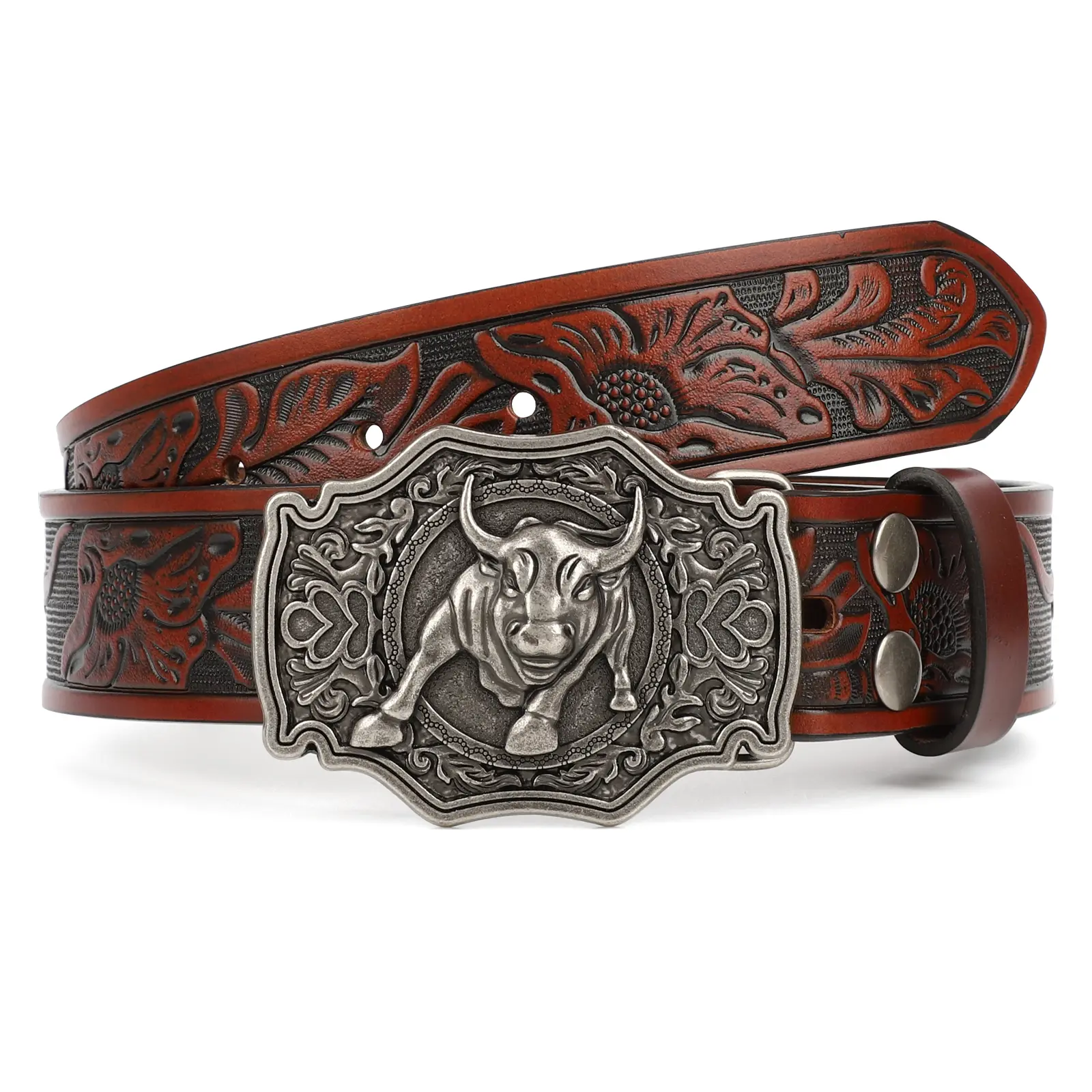 XZQTIVE Unisex Classic Western Cowhide Leather Belt - Vintage Charm Heritage Accessory, Exquisite Embossed Longhorn Bull Buckle, Coffee, Medium, Versatile for Jeans