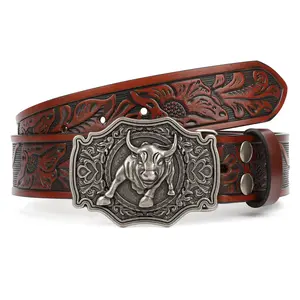 XZQTIVE Classic Western-Style Unisex Leather Belt for Men & Women, Exquisite Embossed Longhorn Bull Buckle, Coffee Color, Medium Size, Versatile Jeans Accessory Western Brown Leather Print Belt with Buckle