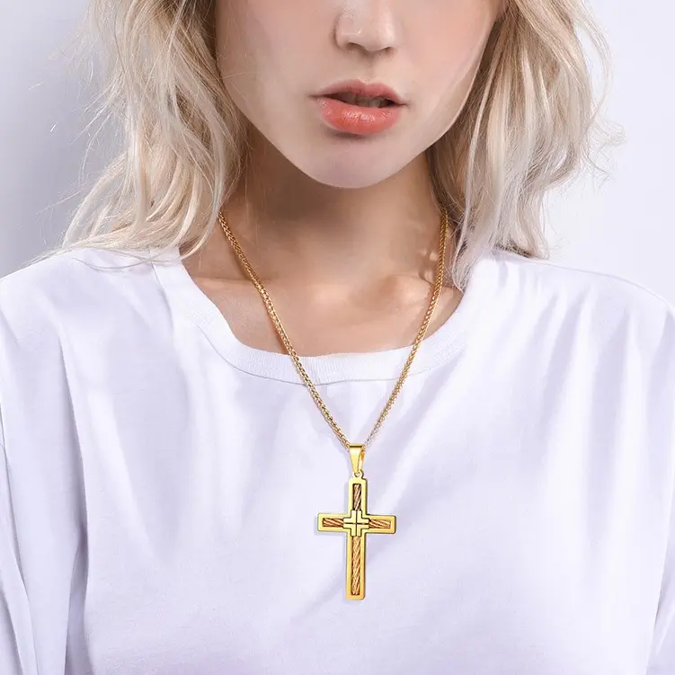 U7 Catholic Twist Crucifix Cross Necklace, Stainless Steel Hypoallergenic Faith Jewelry with Cross Chain Design, Box Chain Christian Pendant Necklace