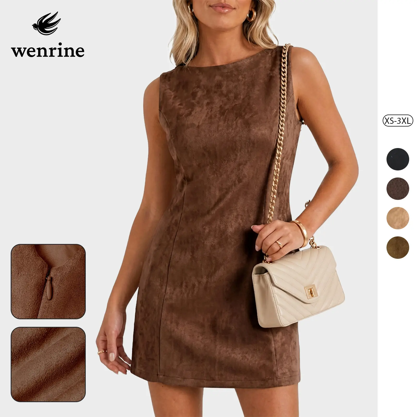 Wenrine Womens Suede Mini Dress Elegant Fall Sleeveless A Line Crewneck Zipper Slim Fit Cocktail Party Dresses