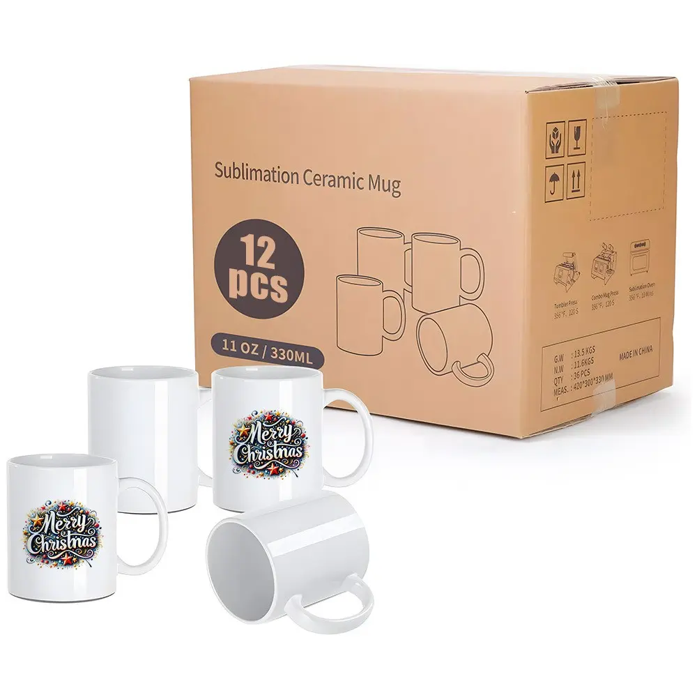 12pcs, White Sublimation Mug, 11oz Sublimation Blank Coffee Mug, White Mug, Sublimation Blank Cup, Blank White Mug, White Box Packaging, Best Christmas Gift