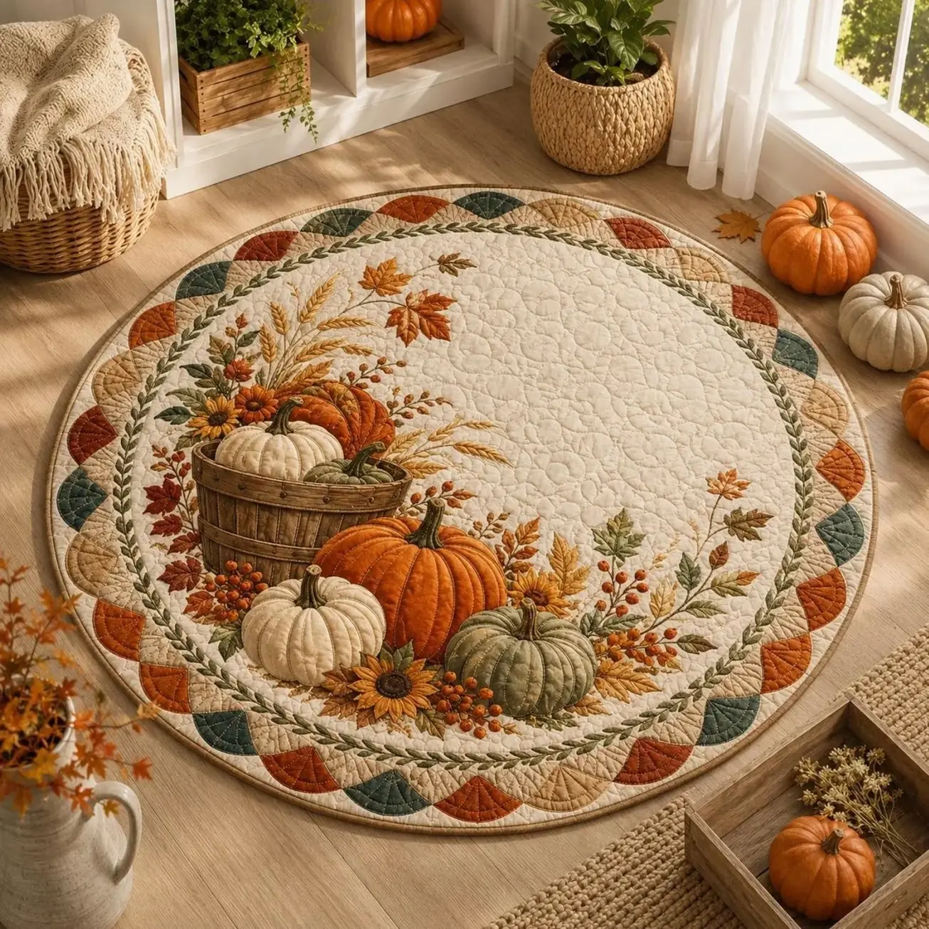 Cozy Fall Pumpkin Round Quilted Rug, Non Slip Autumn Harvest Floor Mat, Rustic Farmhouse Thanksgiving Aesthetic Room Decor
