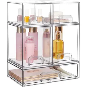 Stackable Storage Drawers Set of 5, Clear Plastic Organizer Bins for Beauty Supplies,Ideal for Vanity, Bathroom,Cabinet,Pantry Organization