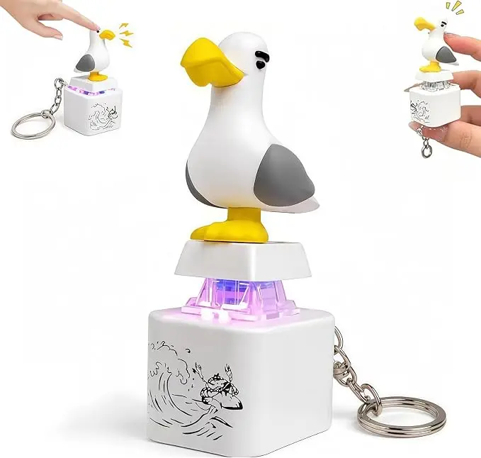 Cute Seagull Mine Button Keychain Press Pop Up Seagull Figure with Flashing Light Funny Fidget Button Keyring
