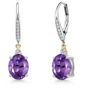 Gem Stone King 4-6 Cttw Leverback Dangle Earrings For Women | Gemstone Birthstone and Lab Grown Diamond | Oval 10X8MM | 925 Silver and 10K Yellow Gold | Fine Jewelry Gifts for Her Mom Women Wife