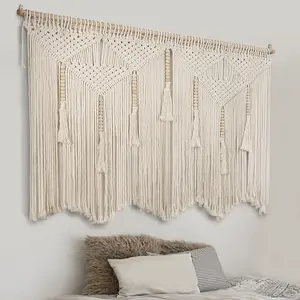Large Macrame Wall Hanging 43.3" * 39.4" Boho Tapestry Woven Wall Decor- Cotton Tassel Macrame Curtain Beige Chic Bohemian Wall Art for Home Living Room Bedroom Dorm Wedding (Includes Hanging Rod)
