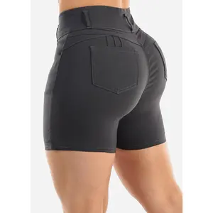 MX JEANS High Waist Hyper Stretch Push Up Mid Thigh Shorts Grey